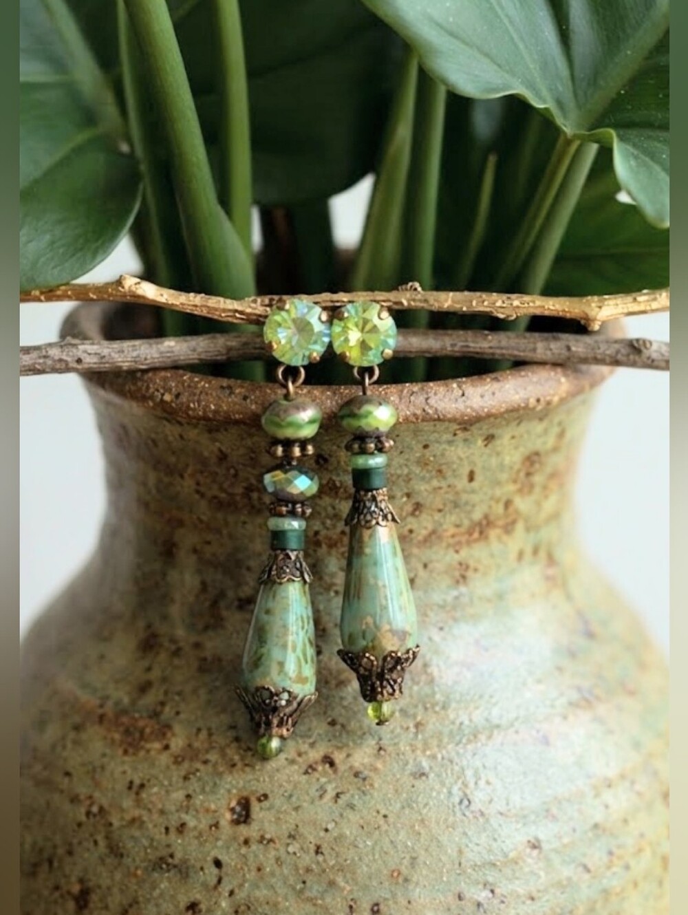 Victorian Apple Peridot Green Swarovski Crystal & Glass Antique Bronze Earrings